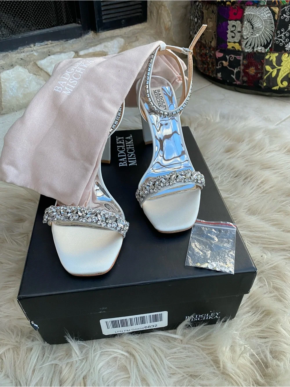 Badgley Mischka Silver and White Crystal Embellished Block Heel Sandals
